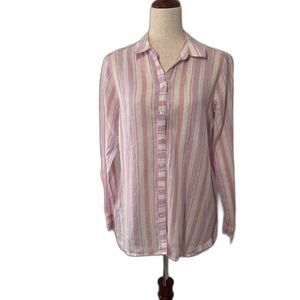Foxcroft 100% Linen Shirt Women Size 8 Button Up Purple Pink Striped Easy Care